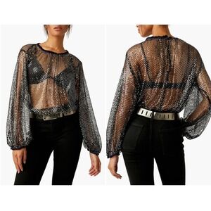Free People Black Sequin Mesh Long Sleeve Crop Top Size S